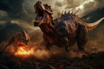 T-Rex battling triceratops in prehistoric showdown - obrazy, fototapety, plakaty