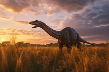 Diplodocus grazing on prehistoric grasslands at sunset - obrazy, fototapety, plakaty