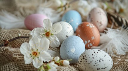 Obraz na płótnie Canvas Стильные пасхальные яйца на деревенском столе. Натурально окрашенные красочные пасхальные яйца с весенними белыми цветами и перьями на деревенском текстиле
