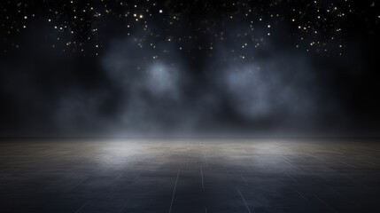 The dark stage, scene with smoke float up, blank, empty interior texture for display products on dark background, concrete floor and smoke and mist on dark background with copy space for text