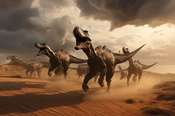 Foto op Plexiglas Pack of raptors running in prehistoric desert © Michael Böhm