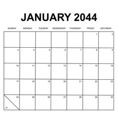 january 2044. monthly calendar design. week starts on sunday. printable, simple, and clean vector design isolated on white background.