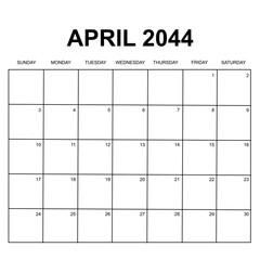 april 2044. monthly calendar design. week starts on sunday. printable, simple, and clean vector design isolated on white background.