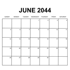 june 2044. monthly calendar design. week starts on sunday. printable, simple, and clean vector design isolated on white background. - obrazy, fototapety, plakaty