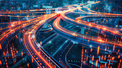 Night Traffic and Urban Transportation, City Architecture and Highway Movement, Concept of Speed and Connectivity - obrazy, fototapety, plakaty