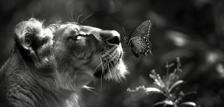 a black and white photo of a lion with a butterfly on it's nose in front of a black and white background.