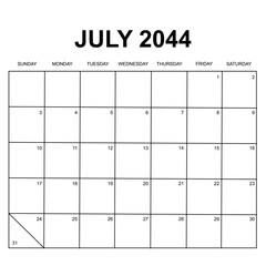 july 2044. monthly calendar design. week starts on sunday. printable, simple, and clean vector design isolated on white background.