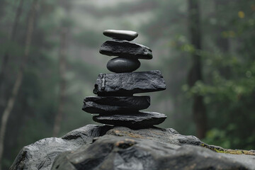 Stack of black stones in a forest. Zen atmosphere