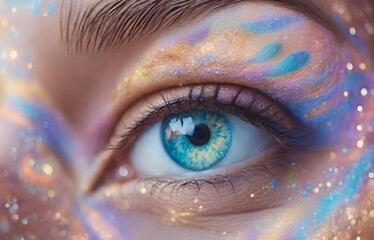 eye of a beautiful young woman, colored iris, cosmic makeup, macro