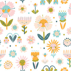 Flowers characters with smiling faces seamless pattern. A naive childish hand-drawn illustration in scandinavian style. Spring chamomile and tulips. Funny texture for surface design, textile, fabric.