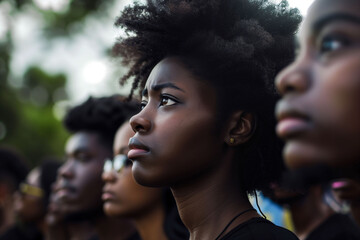 Closeup of a black lady with serious expression on a protest. Black lives matter! People from different culture and races protest on the street for equal rights.  Stop Racism!