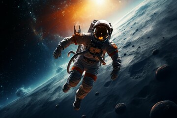 Fototapeta na wymiar Astronaut floating in space near the Moon
