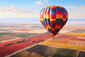 Obraz premium Hot air balloon riding over patchwork fields. Generative AI