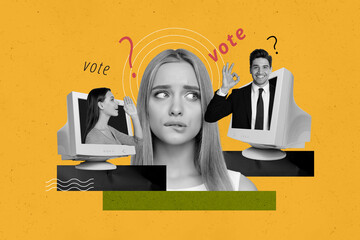 Retro 3d magazine collage image of doubtful unsure lady can not choose voting candidate isolated...