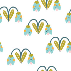 Flowers characters with smiling faces seamless pattern. A naive childish hand-drawn illustration in scandinavian style. Spring tulips. Funny texture for surface design, textile, fabric.