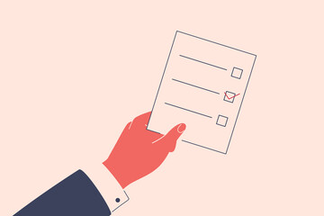 Human hand holds voting list and doing the choice. Male person arm in the suit is voting by paper ballot. Election and Pre-election campaign concept. Vector illustration