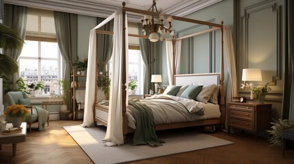 Design a traditional bedroom with a four-poster bed and classic furniture