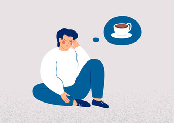 Tired Man thinking about coffee cup. Drowsy male person has addiction from Caffeine. Boy with low energy has Unhealthy food habits. Vector illustration - 757135203