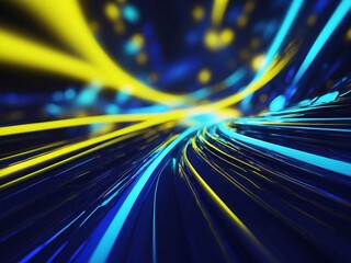 Futuristic abstract motion speed flow background with blue neon and yellow neon lines and glowing spots
