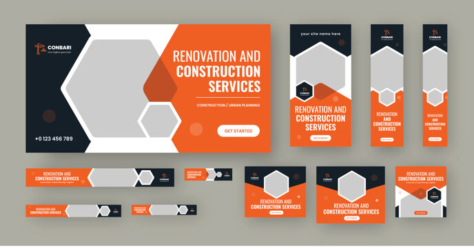 Construction Google Ads banner Design, Editable vector Post Template, Set Of Web Banners