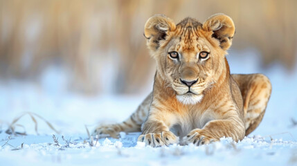 Close-up of a cute lion cub sitting in the snow