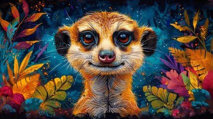 a painting of a baby meerkat with blue eyes and a black nose, surrounded by leaves and flowers. - obrazy, fototapety, plakaty