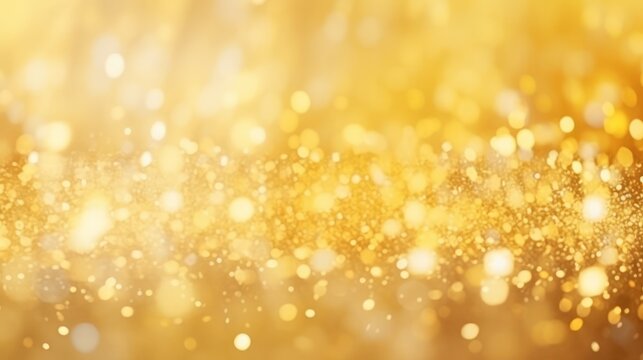 Abstract particle gold glitter wave and light bokeh background. Golden glitter background with stars. Merry Christmas and happy New Year greeting card.
