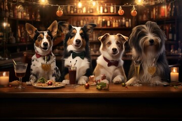 Dogs sipping fancy cocktails at a sophisticated New Year's Eve bar