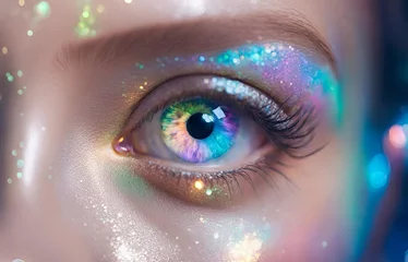 Keuken spatwand met foto eye of a beautiful young woman, colored iris, cosmic makeup, macro © PaX H