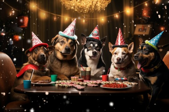 Dogs Playing Poker At A New Year's Eve Casino Night