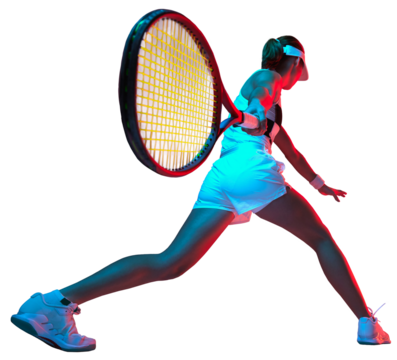 Raer view of professional tennis player playing tennis against transparent background in blue-red neon light. Concept of sport, health, strength, action, motion, lifestyle. Copy space for ad