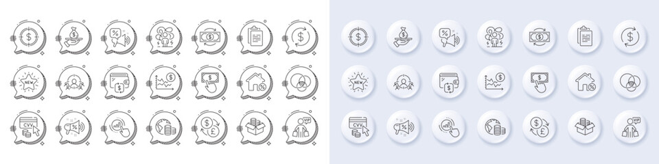 Wallet, Money box and Difficult stress line icons. White pin 3d buttons, chat bubbles icons. Pack of New star, Loan, Vip shopping icon. Dollar rate, Clipboard, Graph chart pictogram. Vector