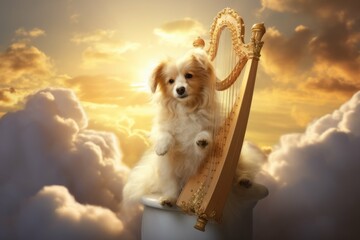 A Christmas dog wearing angel wings sitting on a cloud with a golden harp. - obrazy, fototapety, plakaty