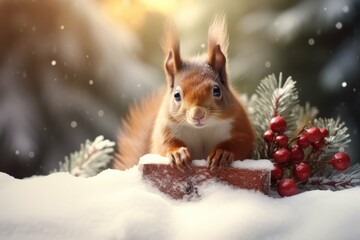 Obraz premium Cute squirrel holding a tiny Christmas gift on a snow-covered log