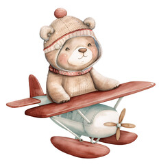 Cartoon bear flying on an airplane, watercolor illustration - 757136607