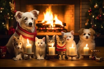 Group of puppies and kittens in Christmas sweaters by a cozy fireplace - obrazy, fototapety, plakaty