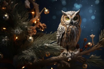 Wise owl perched on a branch of a Christmas tree
