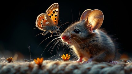 a close up of a mouse with a butterfly on it's back and a butterfly on the back of it's head.