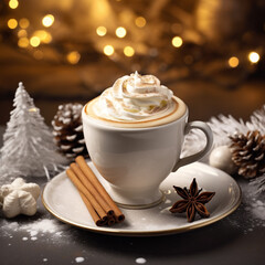Obraz na płótnie Canvas photo, a cup of coffee with cream in a Christmas setting, super realistic сreated with Generative Ai