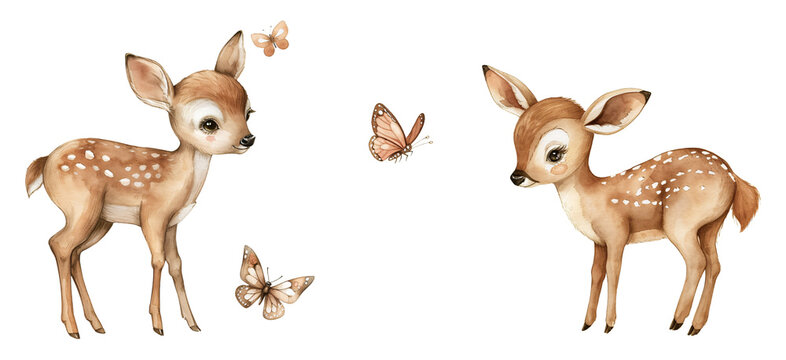 Cute deer and butterflies, watercolor illustration