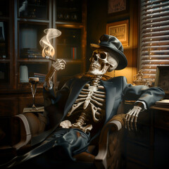 A skeletal figure, styled as a 1940s mobster, lounges in a detective's office, casually holding a beer and cigar, epitomizing a humorous take on the era's notorious lifestyle. - obrazy, fototapety, plakaty