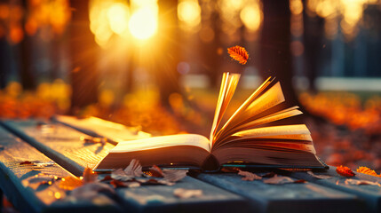 Autumns Magical Reading: Open Book in a Park, Imagination and Knowledge Surrounded by Natures Beauty