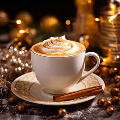 photo, a cup of coffee with cream in a Christmas setting, super realistic сreated with Generative Ai