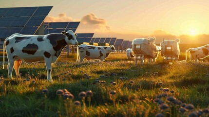 Futuristic dairy farm at dawn robots tending to happy cows in lush - obrazy, fototapety, plakaty