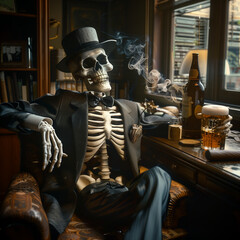A skeletal figure, styled as a 1940s mobster, lounges in a detective's office, casually holding a beer and cigar, epitomizing a humorous take on the era's notorious lifestyle. - obrazy, fototapety, plakaty