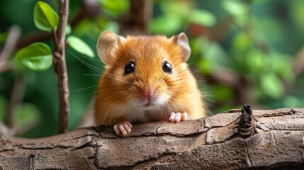 a close up of a hamster on a tree branch looking at the camera with a smile on its face.