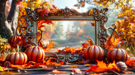 Autumnal display with pumpkins and fall leaves, capturing the essence of the season in a rustic, cozy setting