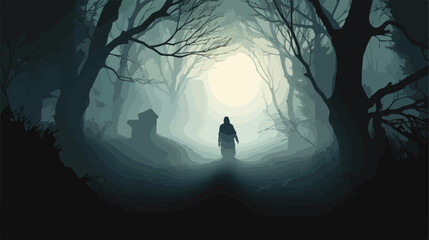 Silhouette of spooky dead corpse walking on path in