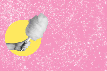 A collage of modern art. Hand with cotton candy on pink background with space for text.
