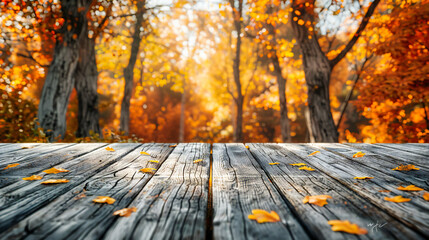 Naklejka na ściany i meble Autumn Tableau: Empty Wooden Table in a Sunny Forest, Seasonal Display with Fall Foliage, Vintage Feel